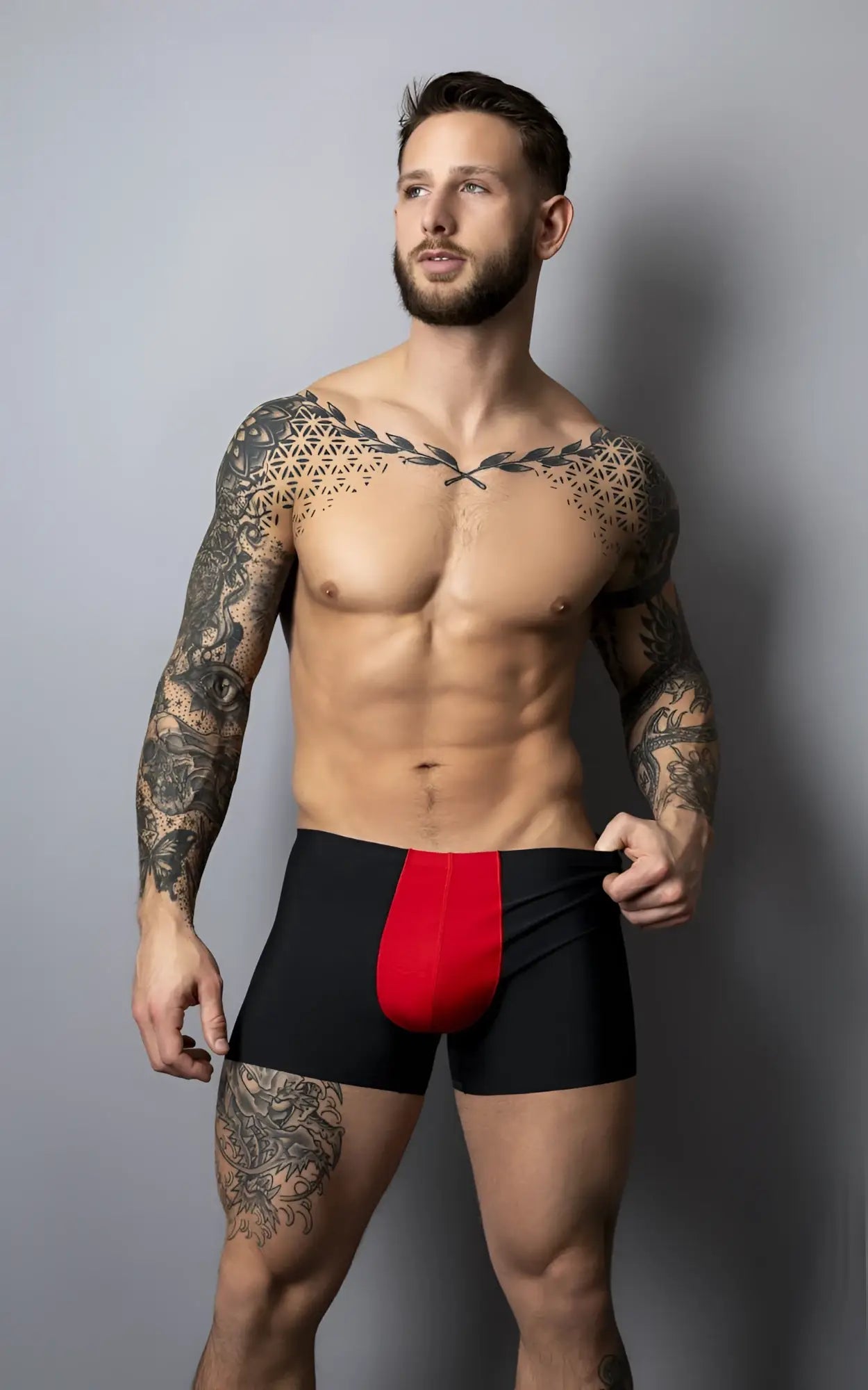Male power 154-300 hot mesh pouch short black and red athletic briefs with bold vertical red front panel