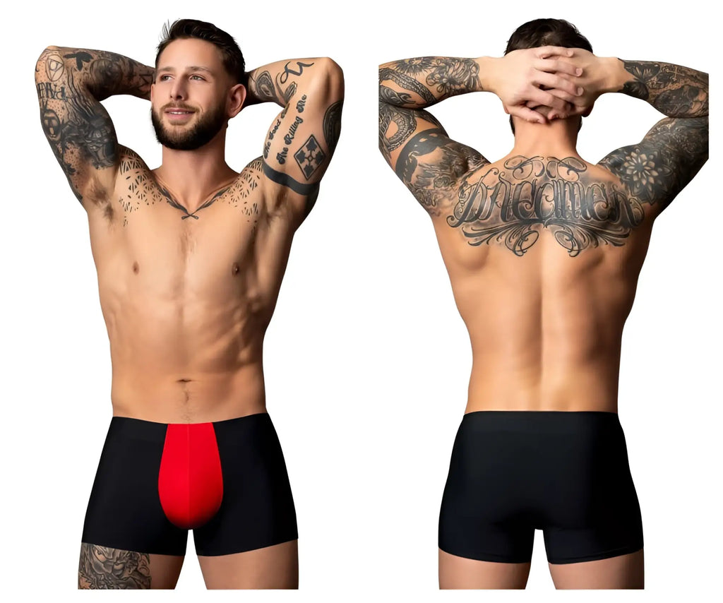 Male power 154-300 hot mesh pouch short black briefs with a bold red front panel designed for comfort and style
