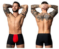 Male power 154-300 hot mesh pouch short black briefs with a bold red front panel designed for comfort and style