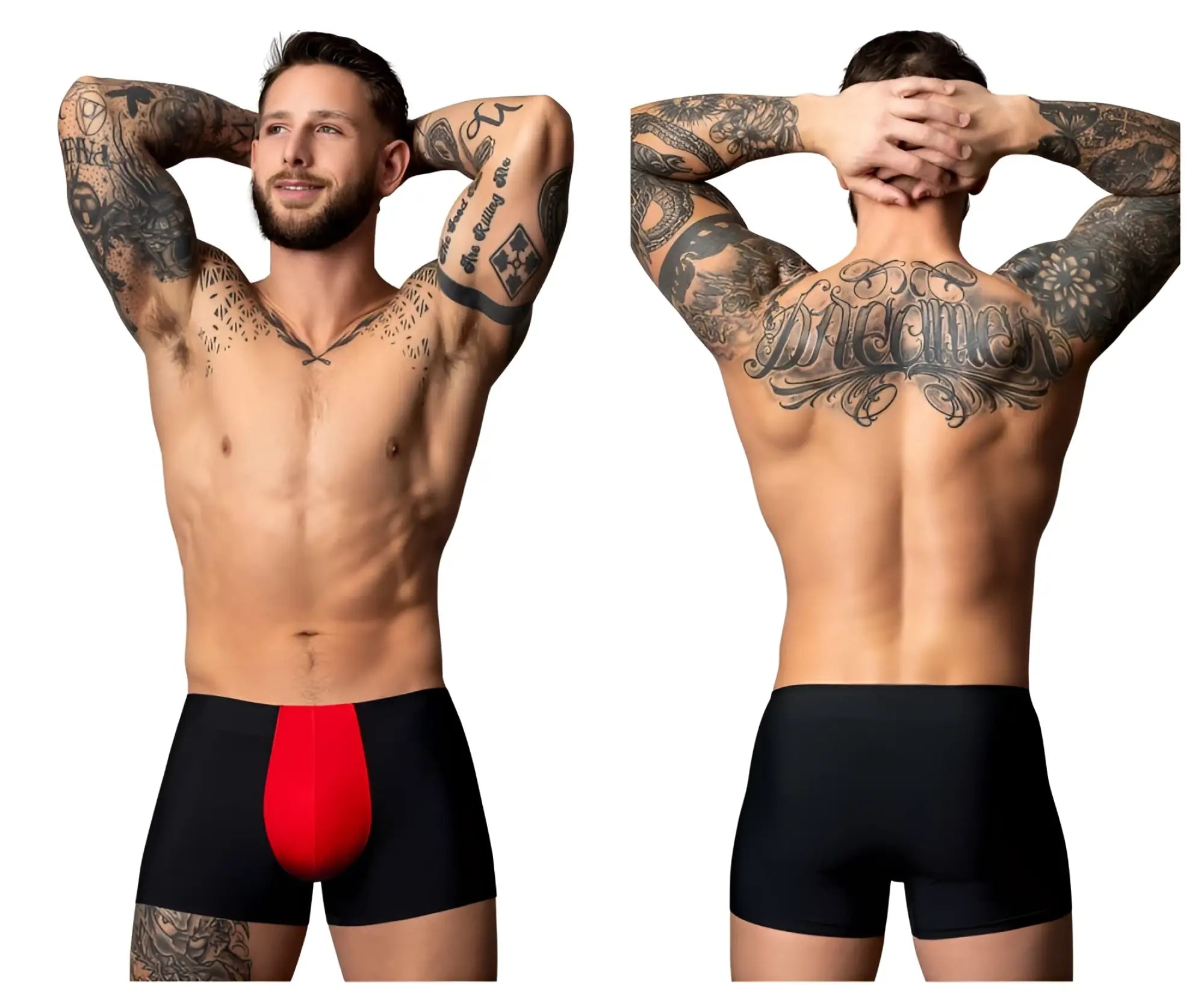 Male power 154-300 hot mesh pouch short black briefs with a bold red front panel designed for comfort and style