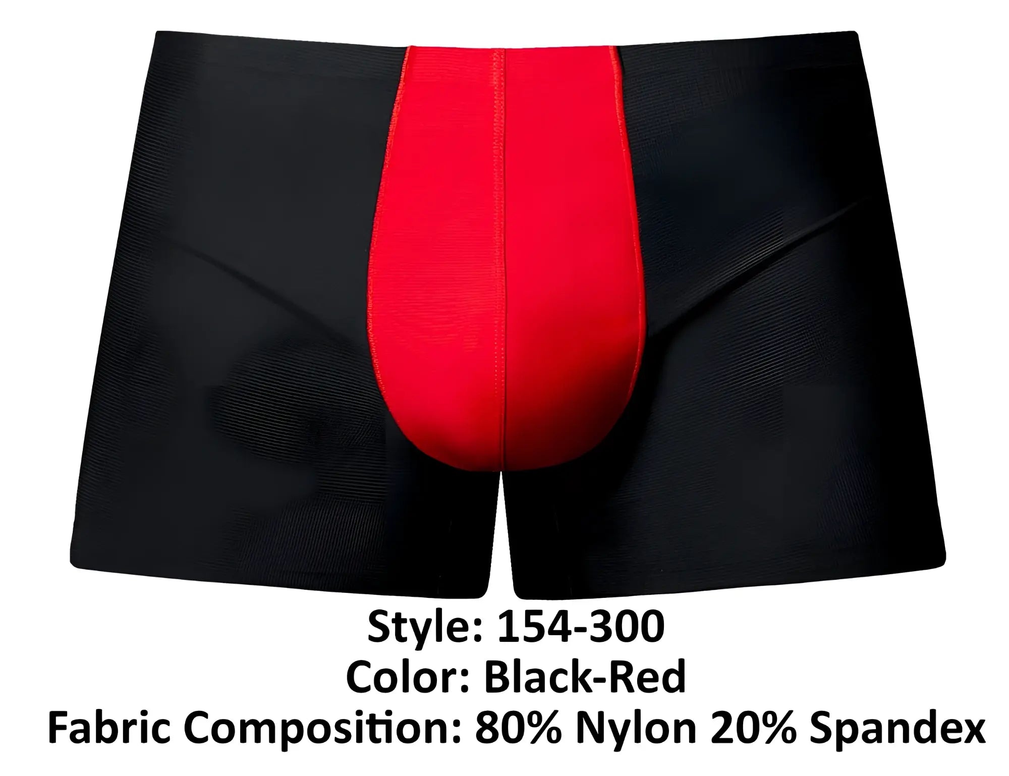 Male power 154-300 hot mesh pouch short black red boxer briefs with bold vertical red panel made from 80 nylon 20 spandex