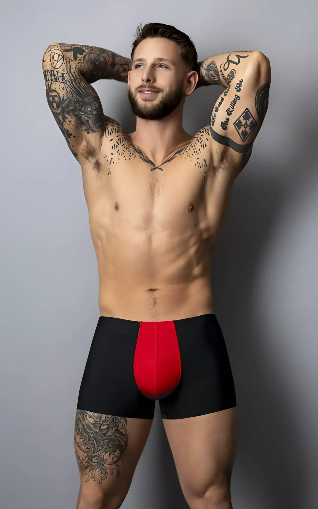 Male power 154-300 hot mesh pouch short boxer briefs in black and red with a bold central red mesh panel