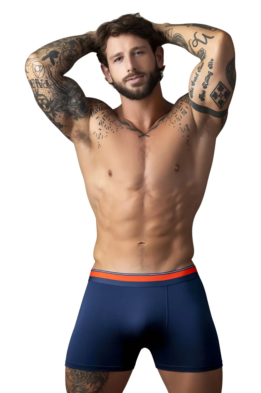 Navy blue Male Power 160-299 Soo Cumfy boxer briefs with bright orange elastic waistband for comfortable wear