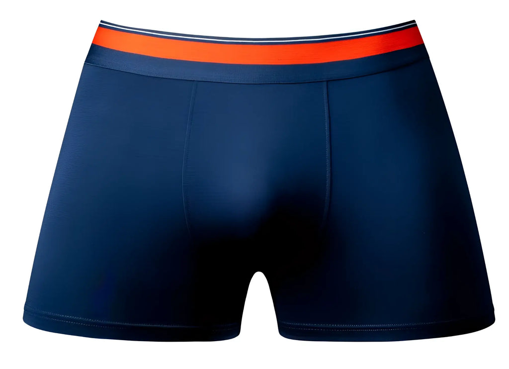 Navy male power soo cumfy boxer briefs with bright orange waistband and white dark blue stripes for comfortable wear