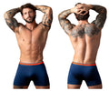 Navy blue male power soo cumfy boxer briefs with bright orange elastic waistband for comfortable everyday wear