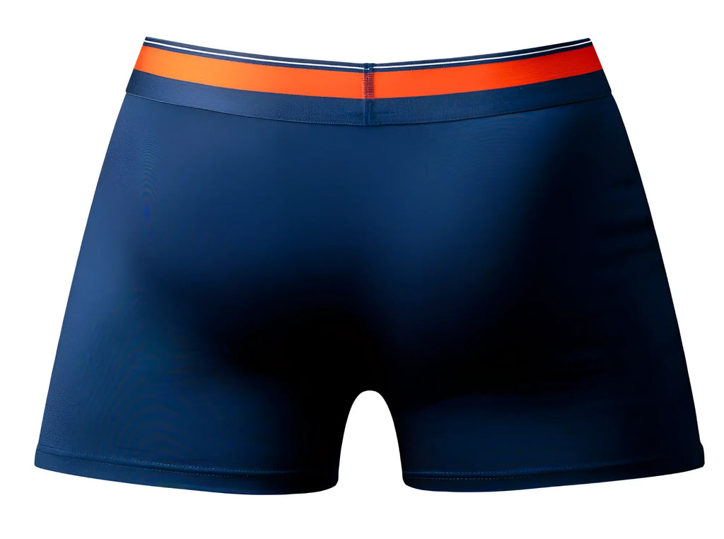 Navy blue male boxer briefs with bright orange and white striped waistband designed for comfort by Male Power