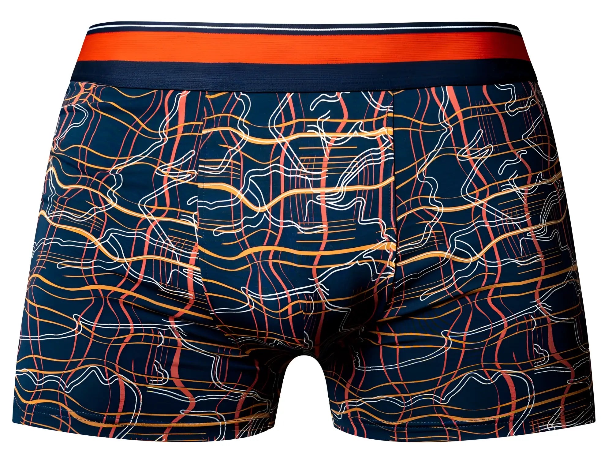 Navy blue male power 160-299 soo cumfy boxer brief with vibrant orange yellow and white abstract wavy pattern