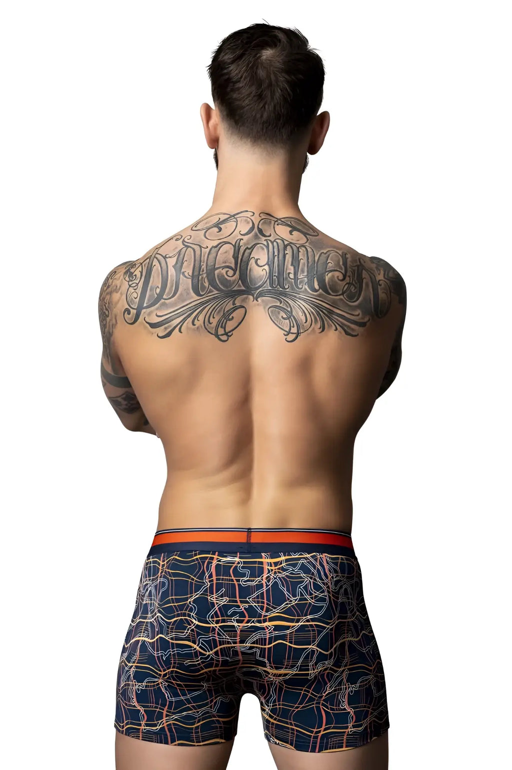 Men’s navy boxer briefs with orange and white geometric pattern and orange waistband male power 160-299 soo cumfy