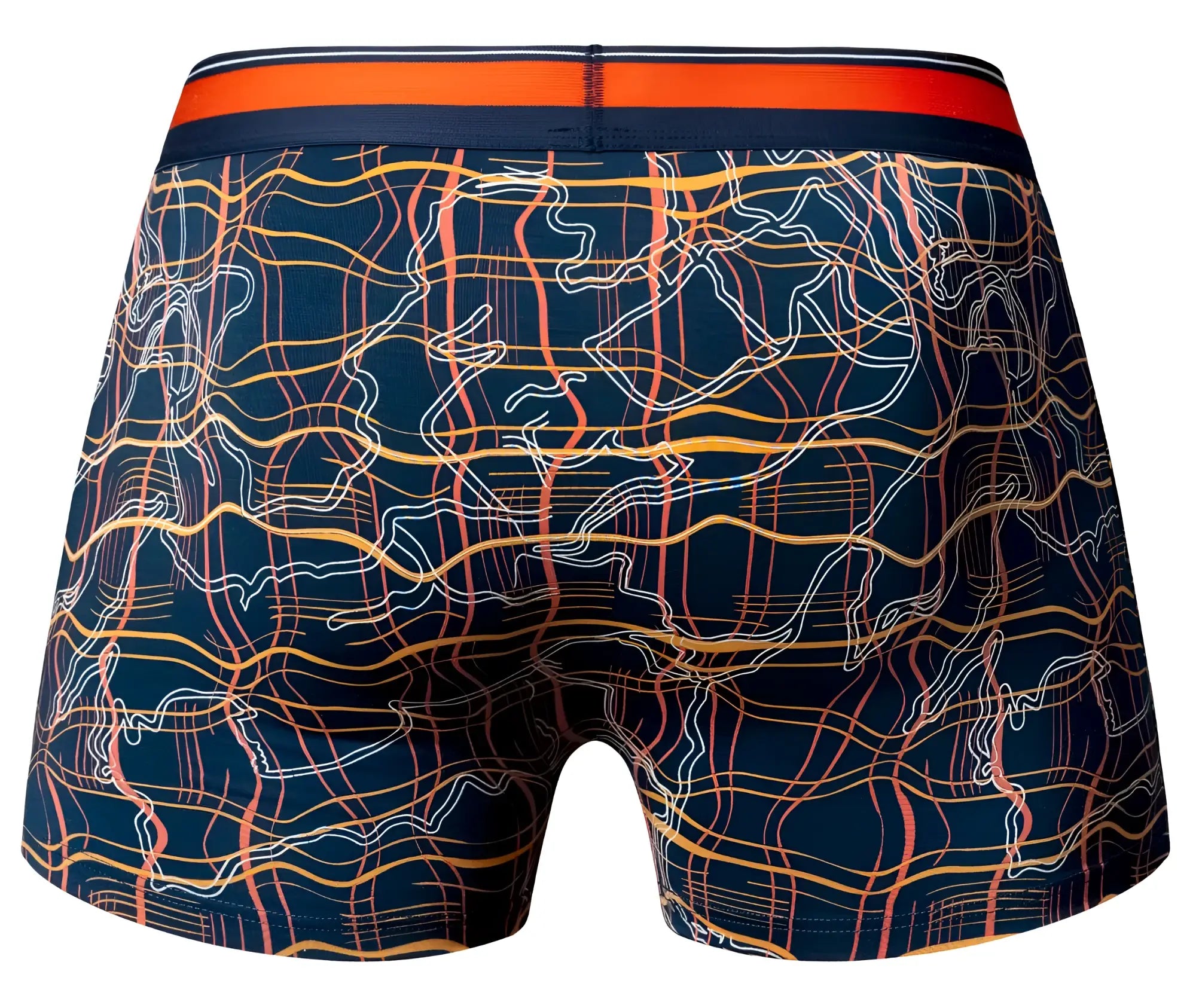 Navy blue Male Power 160-299 Soo Cumfy boxer briefs with vibrant orange yellow and white wavy abstract pattern