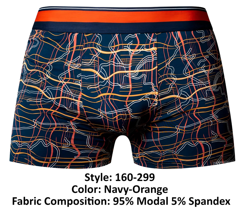 Male power 160-299 soo cumfy boxer briefs in navy with wavy orange yellow and white lines on dark blue fabric