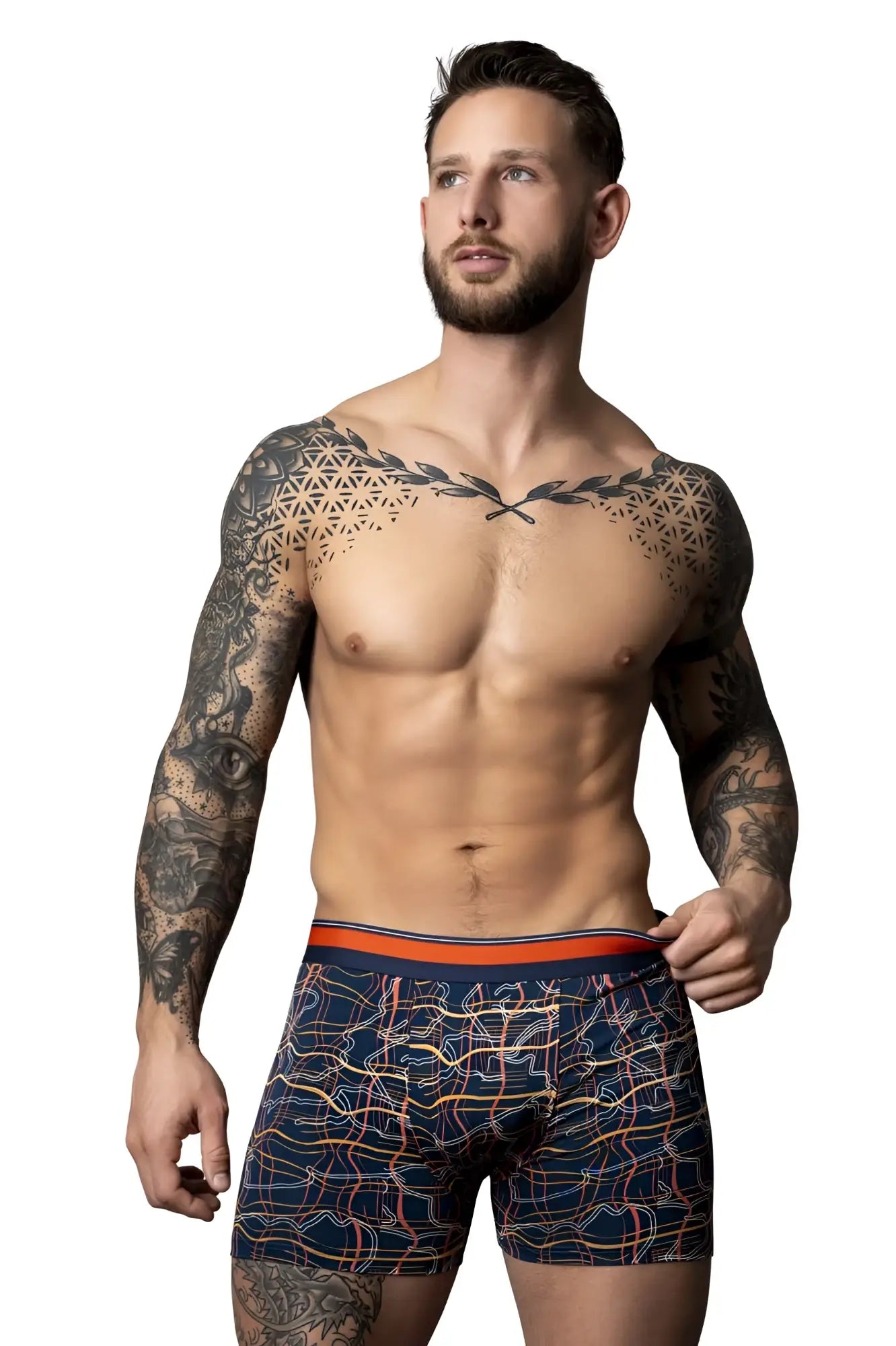 Men’s navy blue boxer briefs with orange and white geometric pattern and orange waistband male power 160-299 soo cumfy