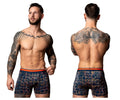 Male Power 160-299 Soo Cumfy navy blue men’s boxer briefs with orange waistband and geometric orange pink pattern