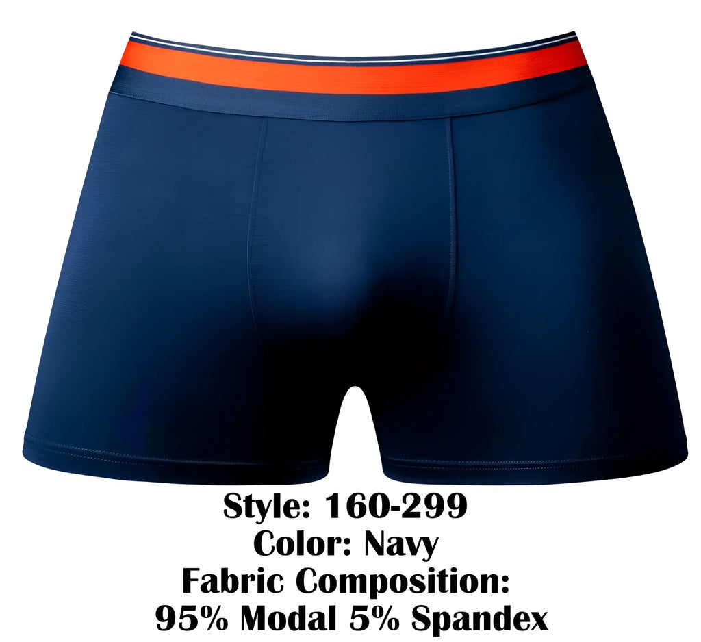 Male Power 160-299 Soo Cumfy navy boxer briefs with contrasting orange and white striped waistband for comfortable wear