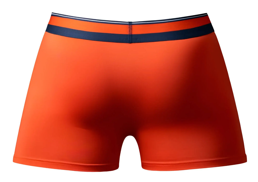 Bright orange male power soo cumfy boxer briefs with navy blue waistband and white light gray stripes