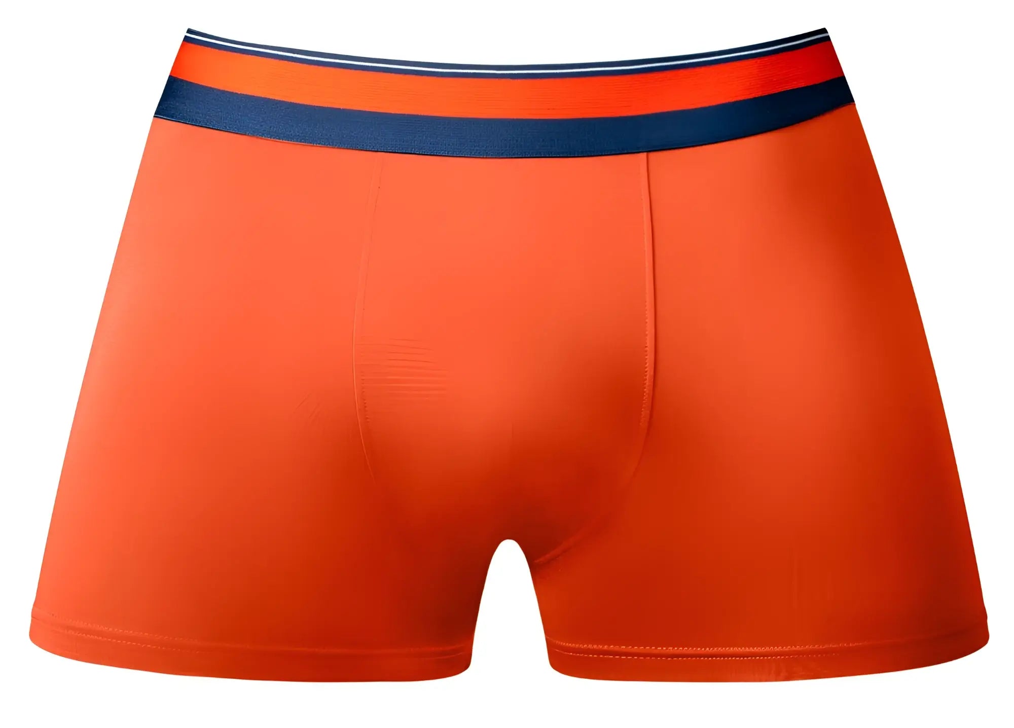 Male power 160-299 soo cumfy boxer briefs in bright orange with navy blue waistband and thin white and red stripes