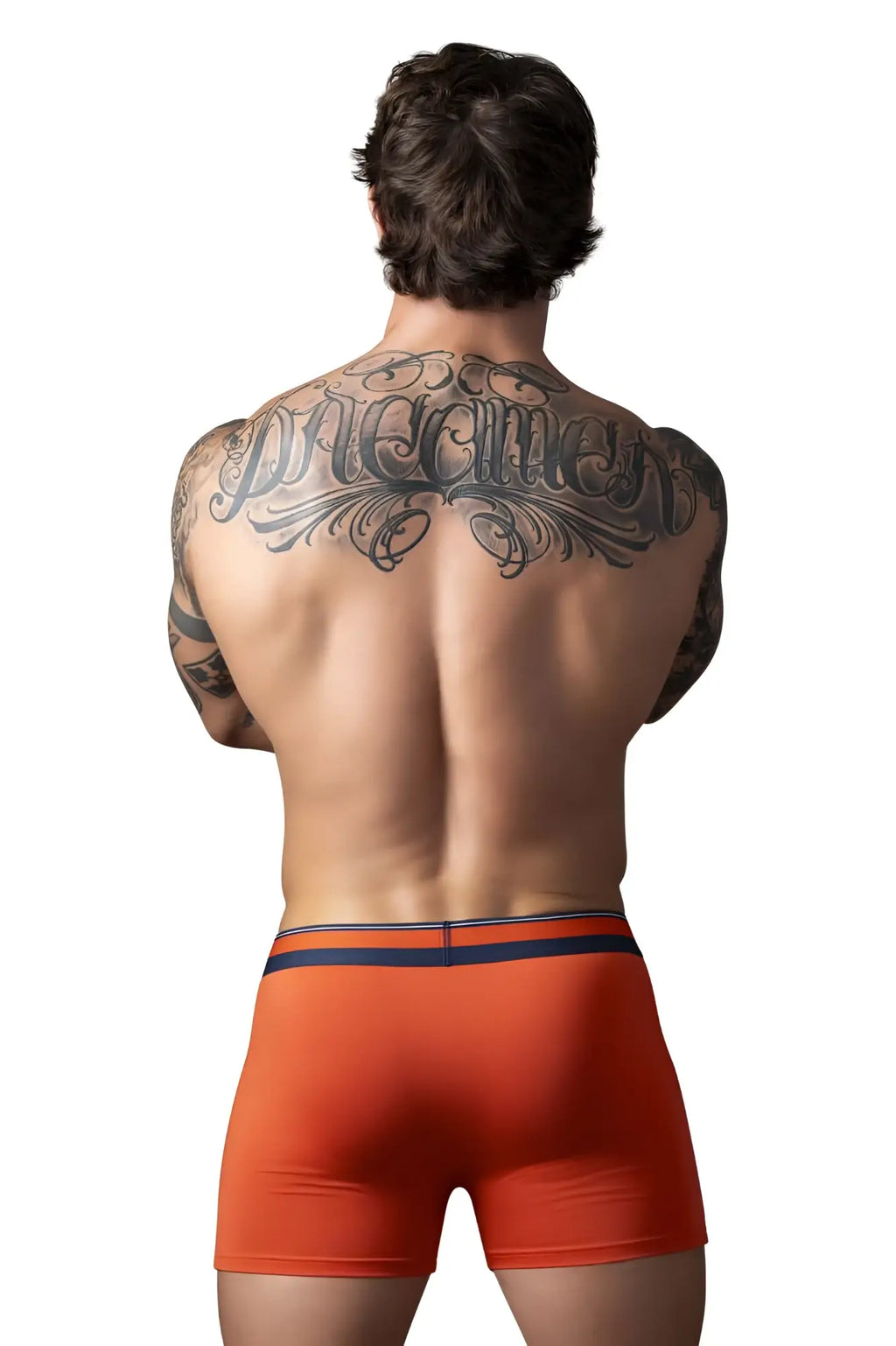 Male power 160-299 soo cumfy boxer brief in orange with navy blue trim designed for comfortable support