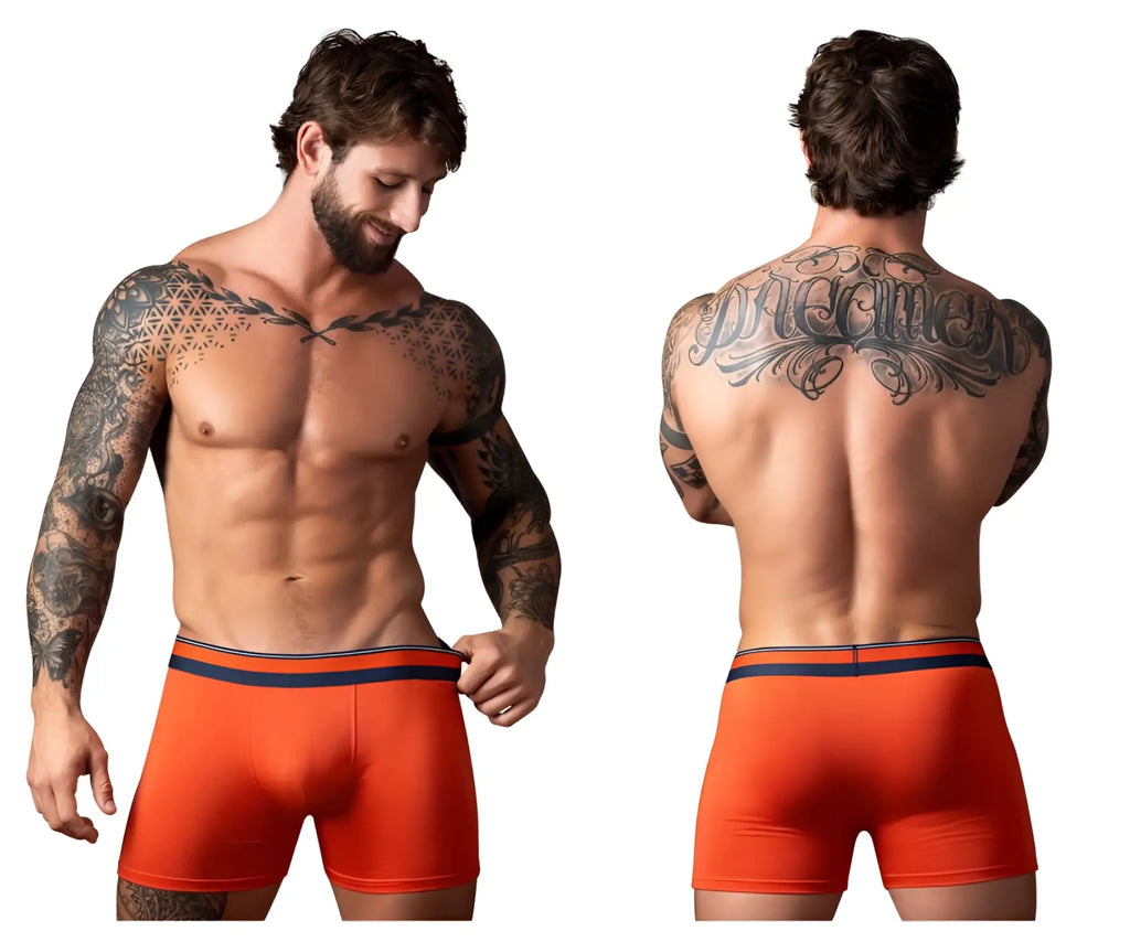 Male power 160-299 soo cumfy orange boxer briefs with navy blue trim designed for comfort and support