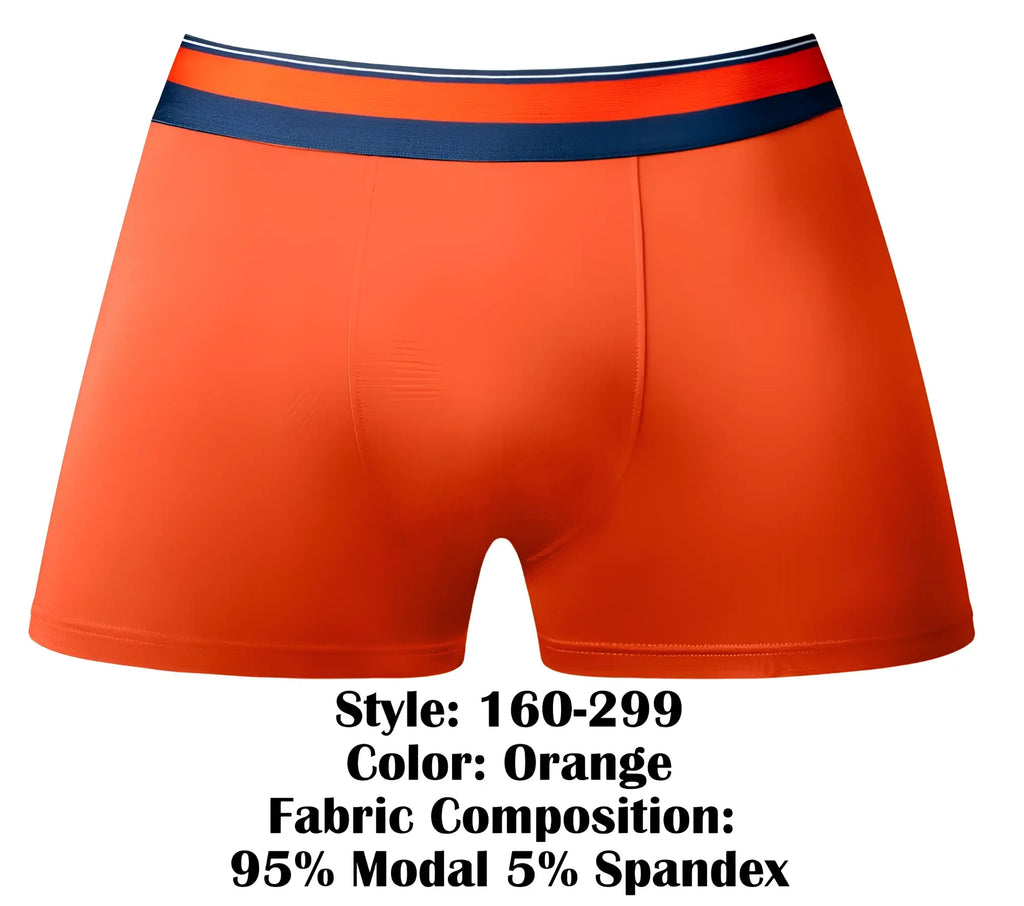 Male power soo cumfy boxer brief in orange with navy blue and white striped waistband made of 95% modal 5% spandex
