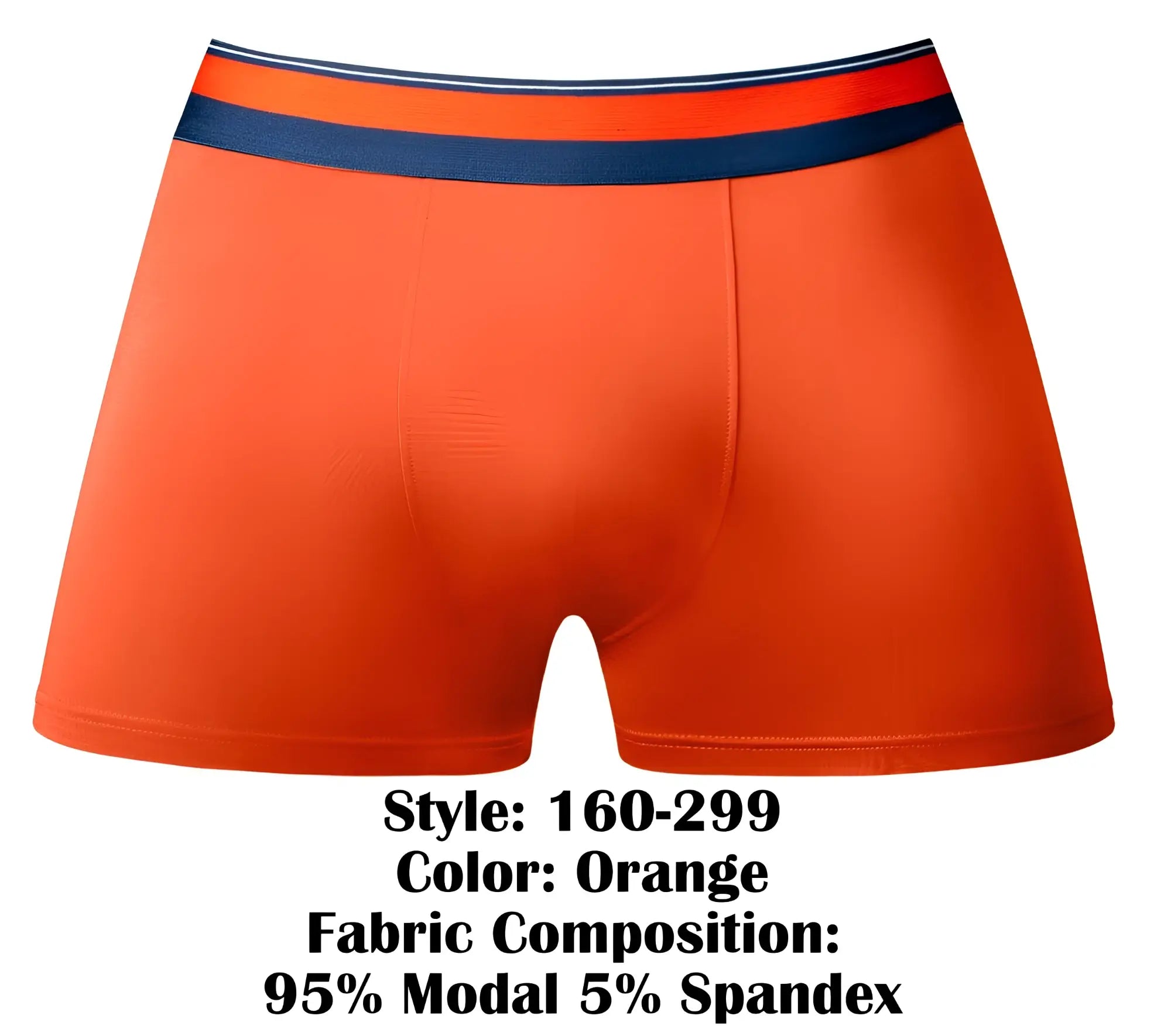 Male power soo cumfy boxer brief in orange with navy blue and white striped waistband made of 95% modal 5% spandex