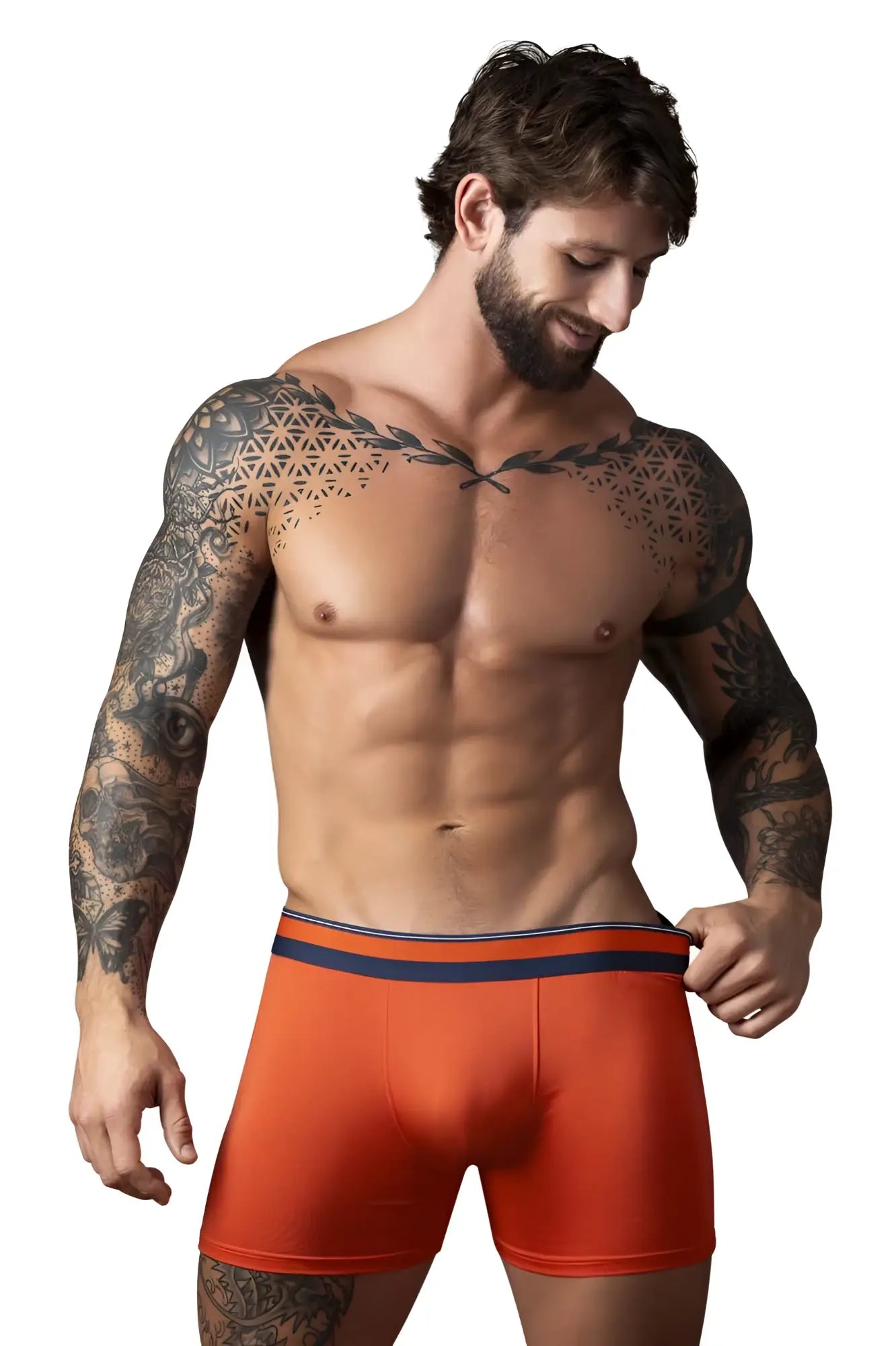 Orange male power 160-299 soo cumfy boxer briefs with navy and white striped waistband for comfortable wear