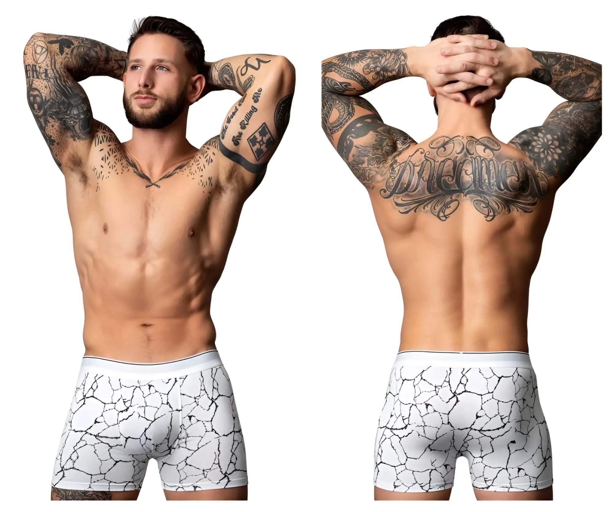 White-black Male Power 160-299 Soo cumfy boxer briefs with a black cracked earth pattern for comfortable wear
