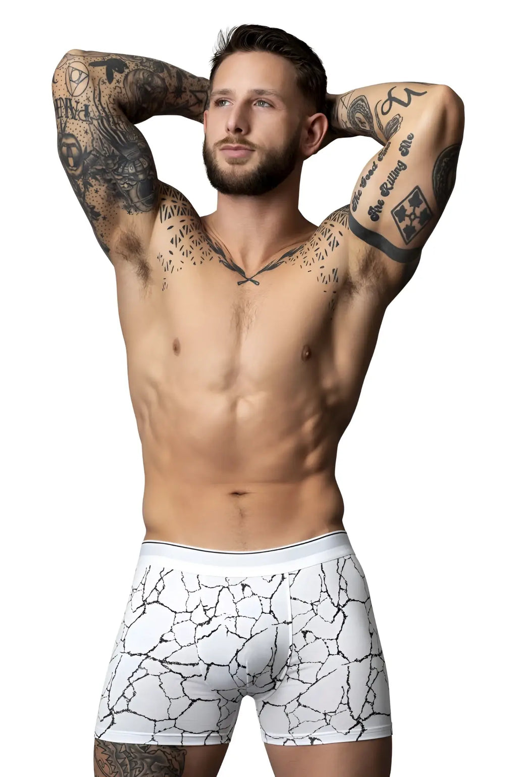 Male power 160-299 soo cumfy white boxer briefs with black cracked earth pattern for comfortable everyday wear