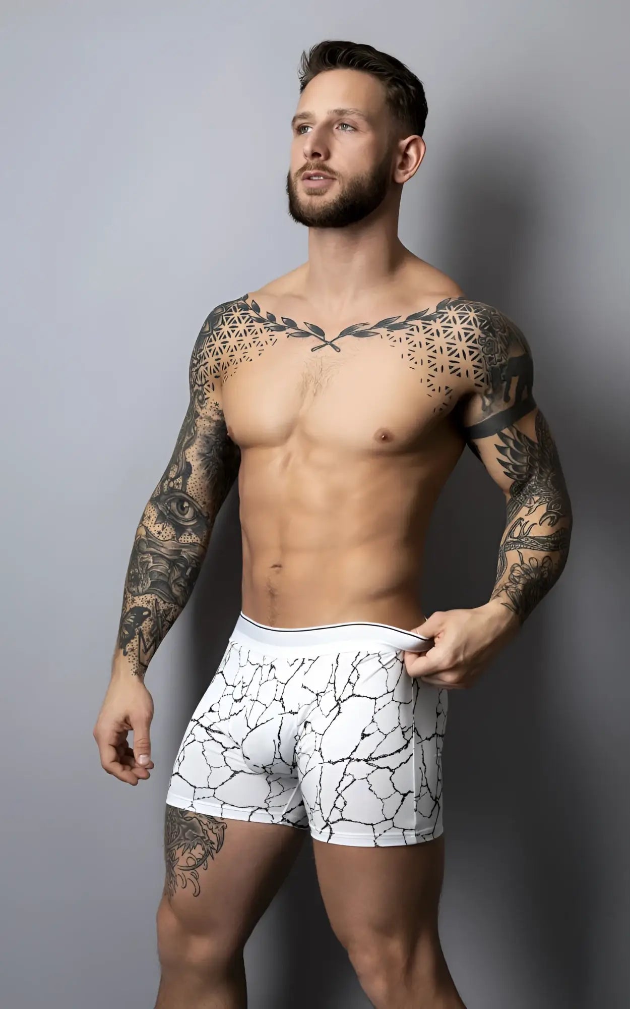 White boxer briefs with black crackle pattern and solid white waistband from male power 160-299 soo cumfy line