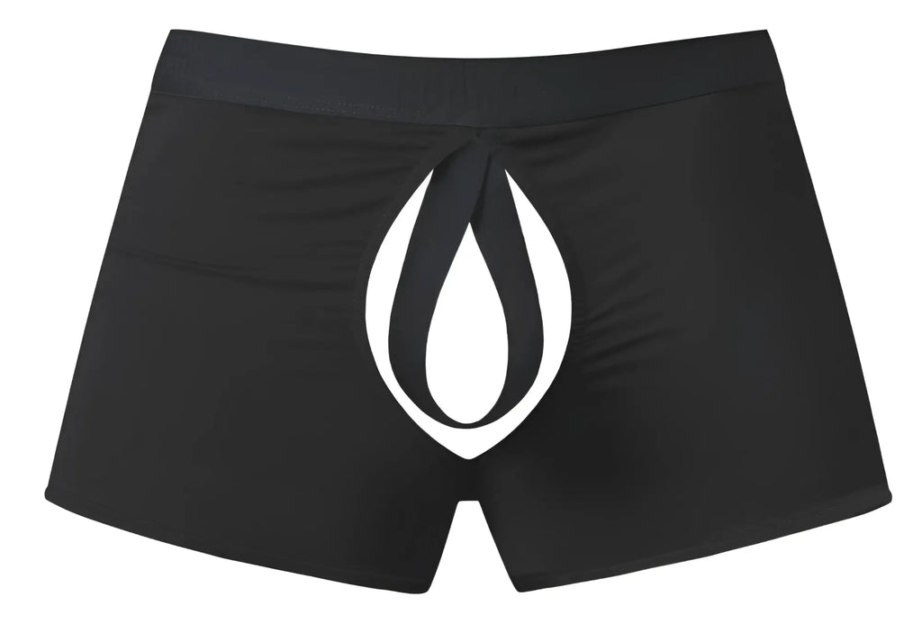 Black boxer briefs with an open ended moonshine short design featuring a bold white flame logo by male power