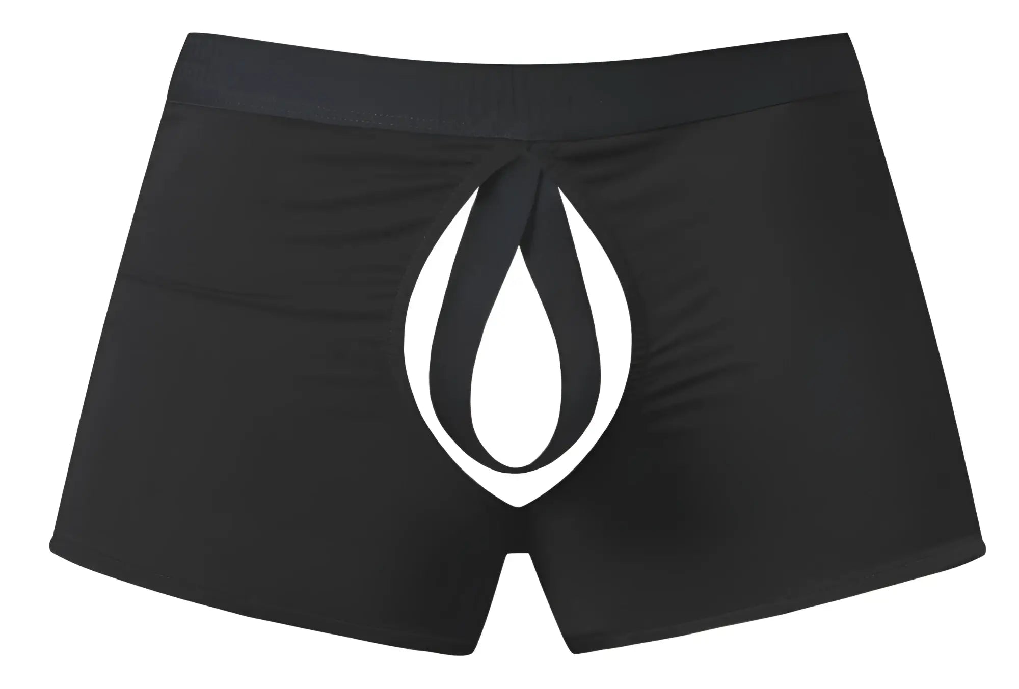 Black boxer briefs with an open ended moonshine short design featuring a bold white flame logo by male power