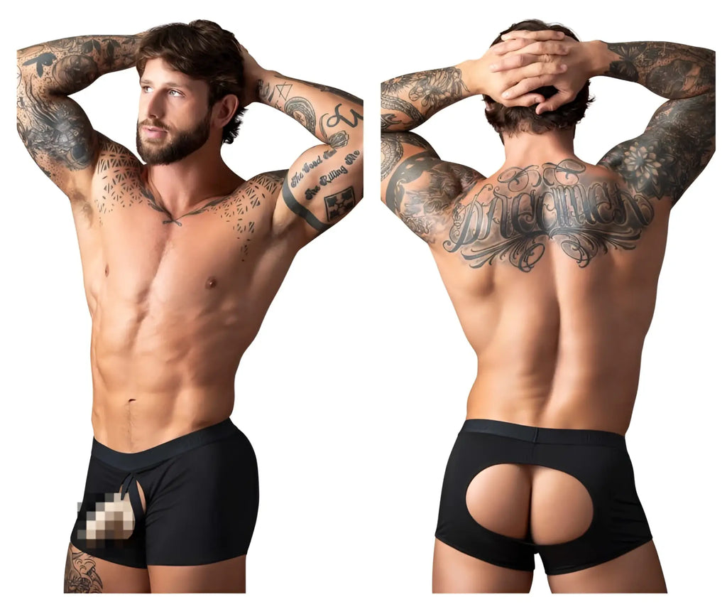 Back view of black male power 162-304 open ended moonshine short athletic briefs with cutout design and elastic cock ring