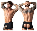 Back view of black male power 162-304 open ended moonshine short athletic briefs with cutout design and elastic cock ring