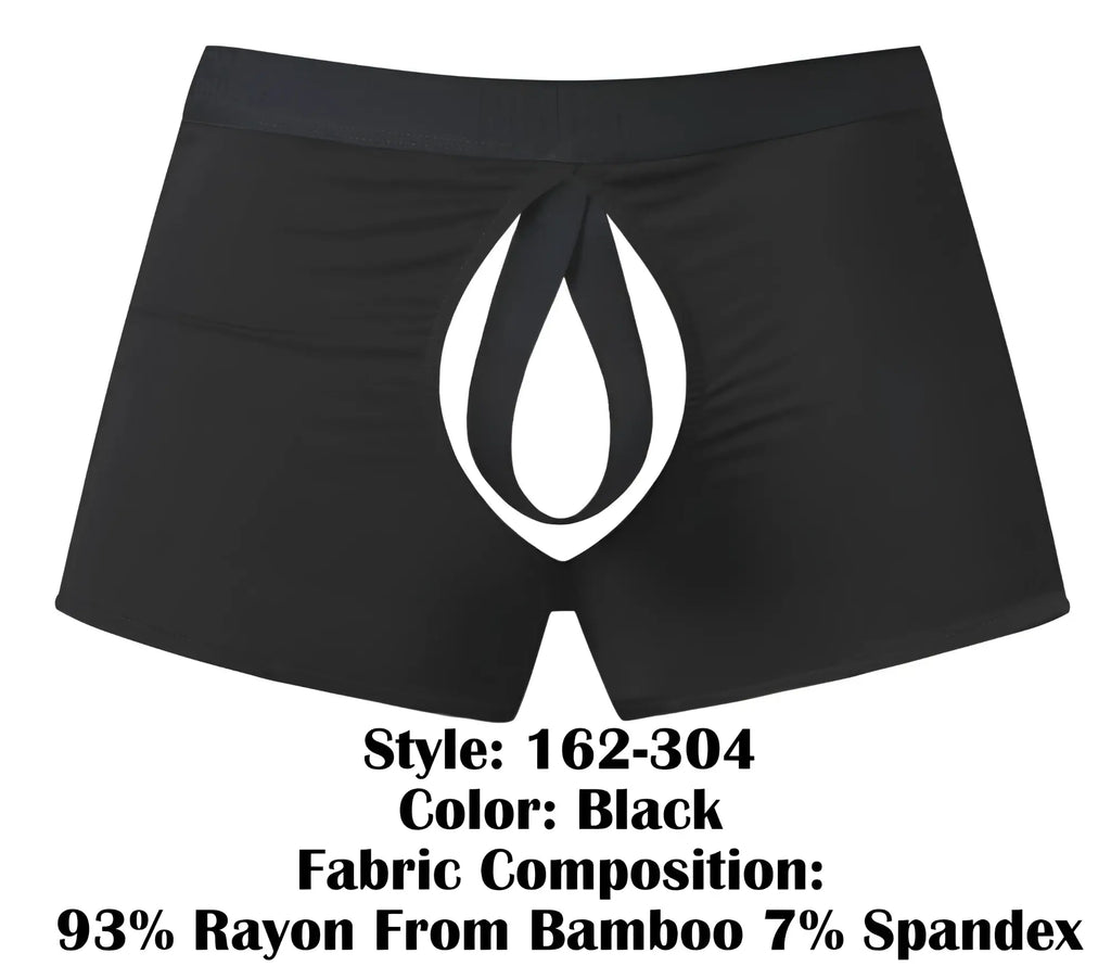 Black male power 162-304 open ended moonshine short boxer briefs with bold white flame logo and elastic cock ring