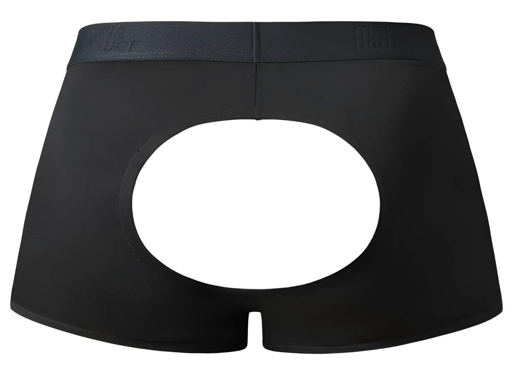 Black male power 162-304 briefs with central circular cutout elastic waistband open ended moonshine short design