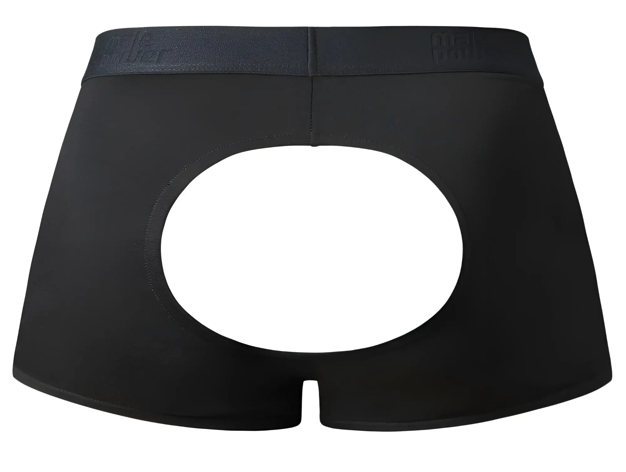 Black male power 162-304 briefs with central circular cutout elastic waistband open ended moonshine short design
