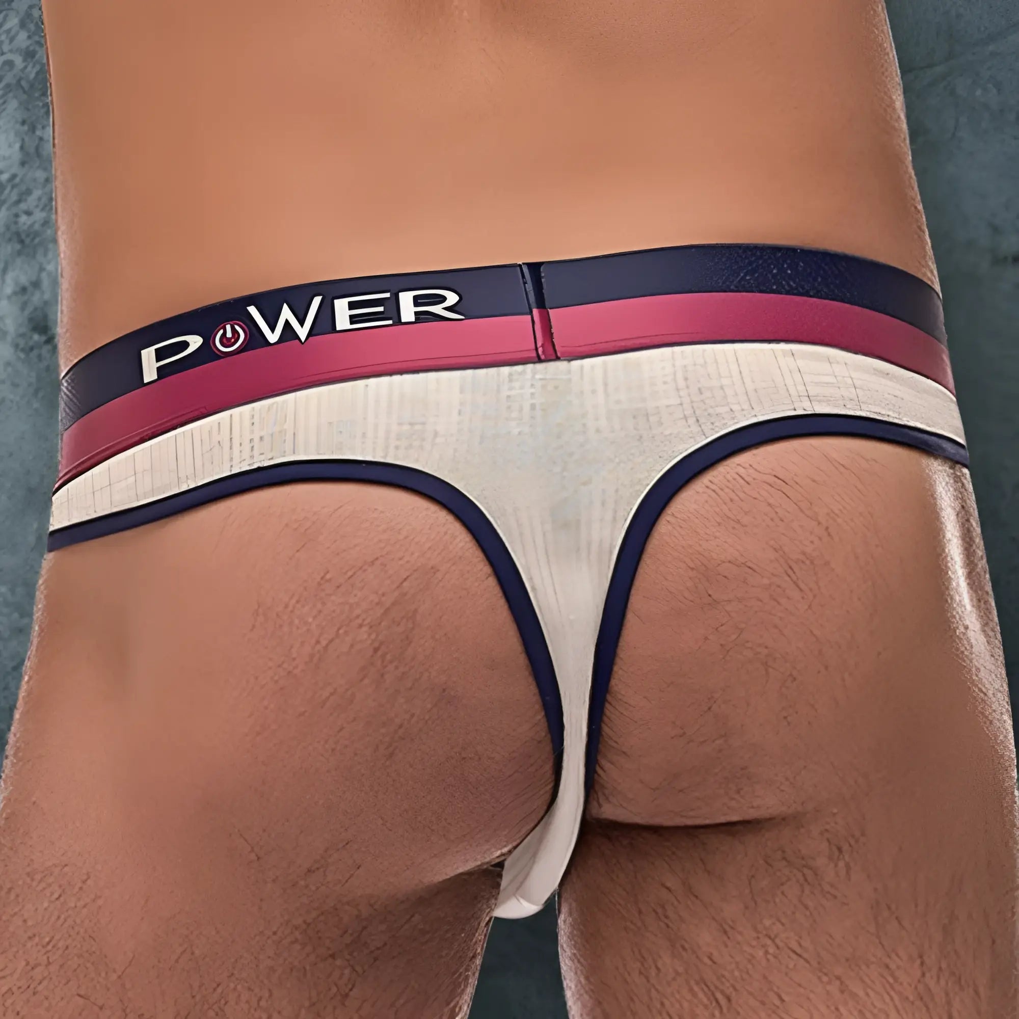 Male power 237246 french terry cutout thong in beige and navy blue with maroon stripe and power logo waistband