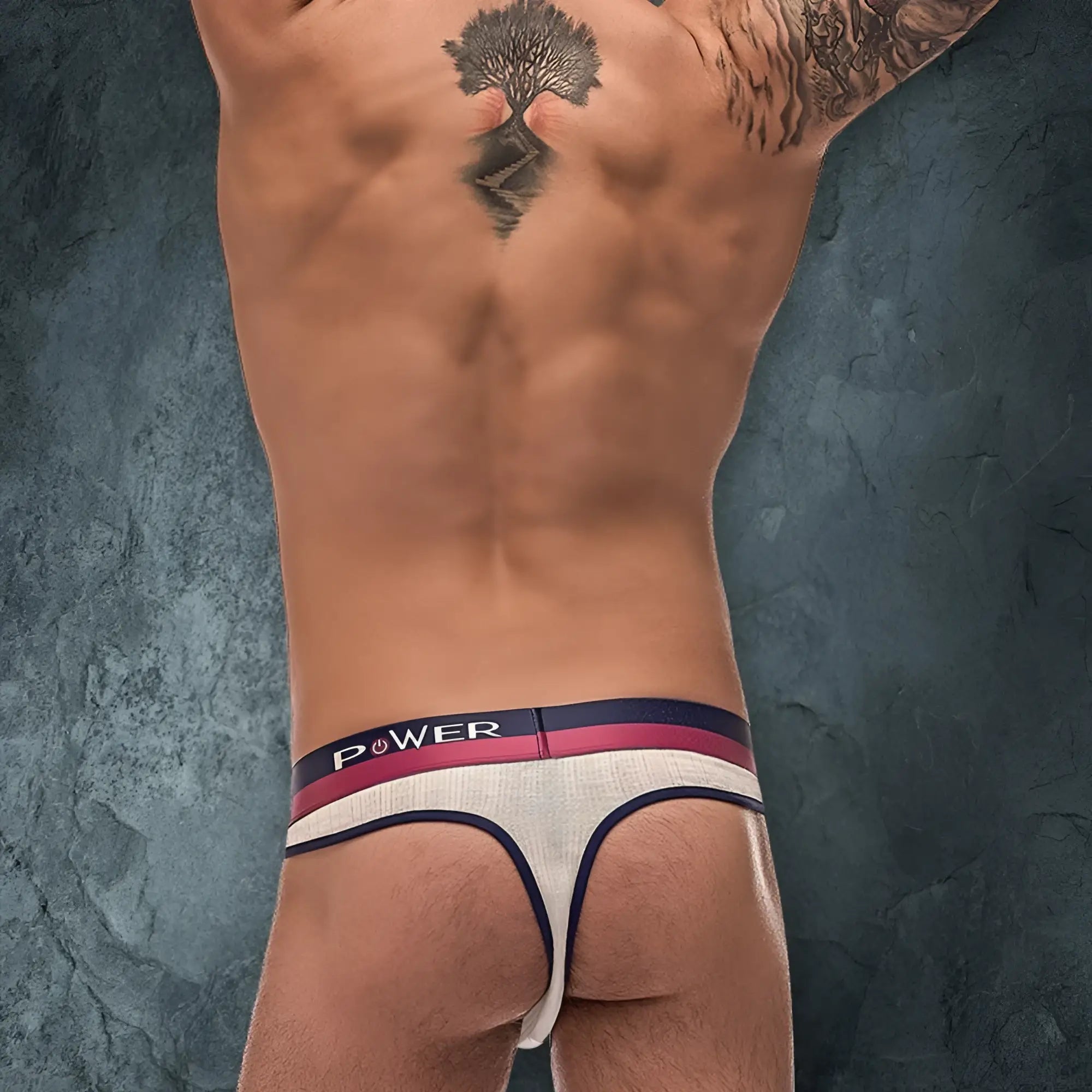 Beige male power 237246 french terry cutout thong with navy and maroon striped waistband and white power lettering