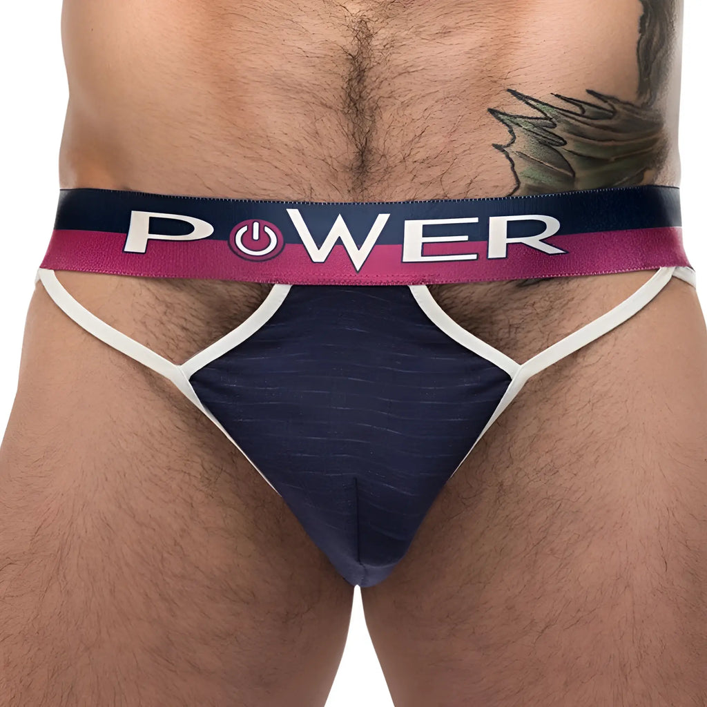 Male power 237246 french terry cutout thong briefs in navy blue and white with textured waistband featuring power text