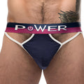 Male power 237246 french terry cutout thong briefs in navy blue and white with textured waistband featuring power text