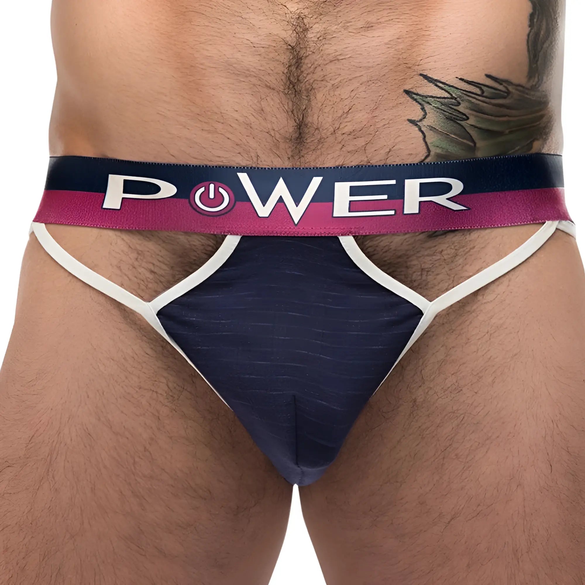 Male power 237246 french terry cutout thong briefs in navy blue and white with textured waistband featuring power text