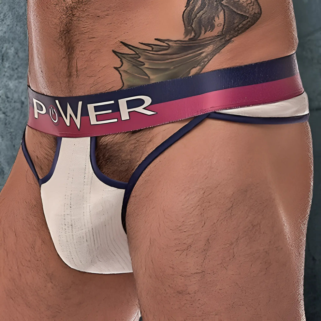 Male power 237246 french terry cutout thong athletic briefs in white and navy blue with maroon waistband and power logo