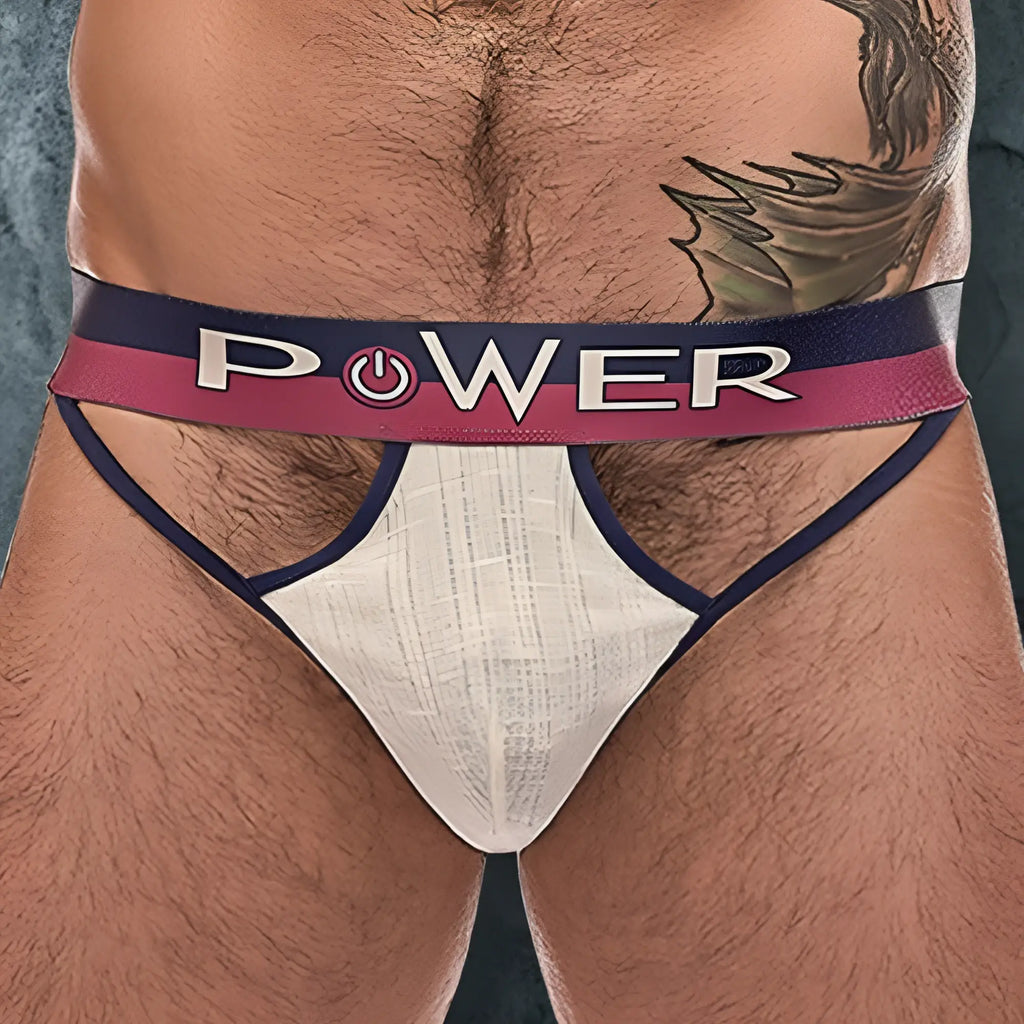 Male power 237246 french terry cutout thong in white textured fabric with navy trim and maroon waistband power logo