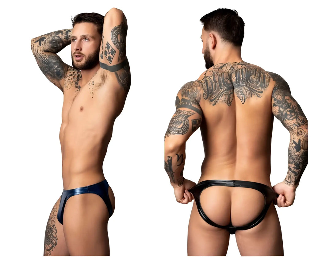 Blue and black latex thong with central cutout design from male power 300-301 liquid onyx 2.0 moonshine black