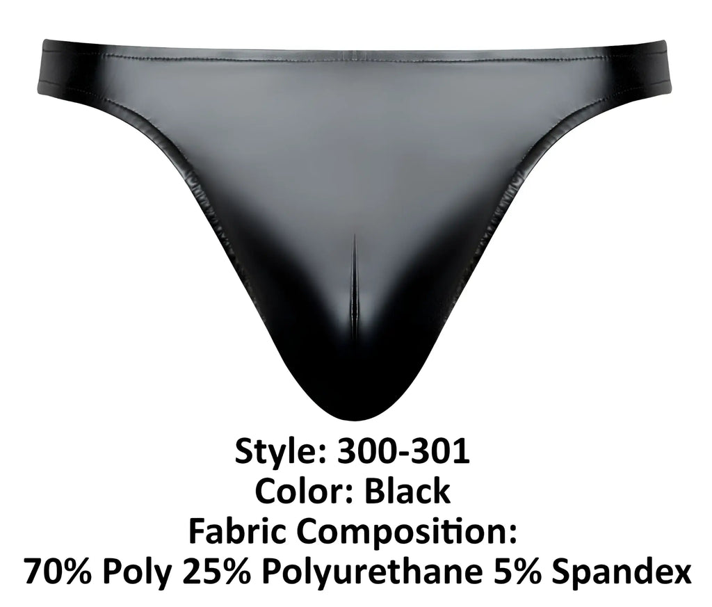 Male power 300-301 liquid onyx 2.0 black thong with glossy finish made from polyester polyurethane and spandex blend