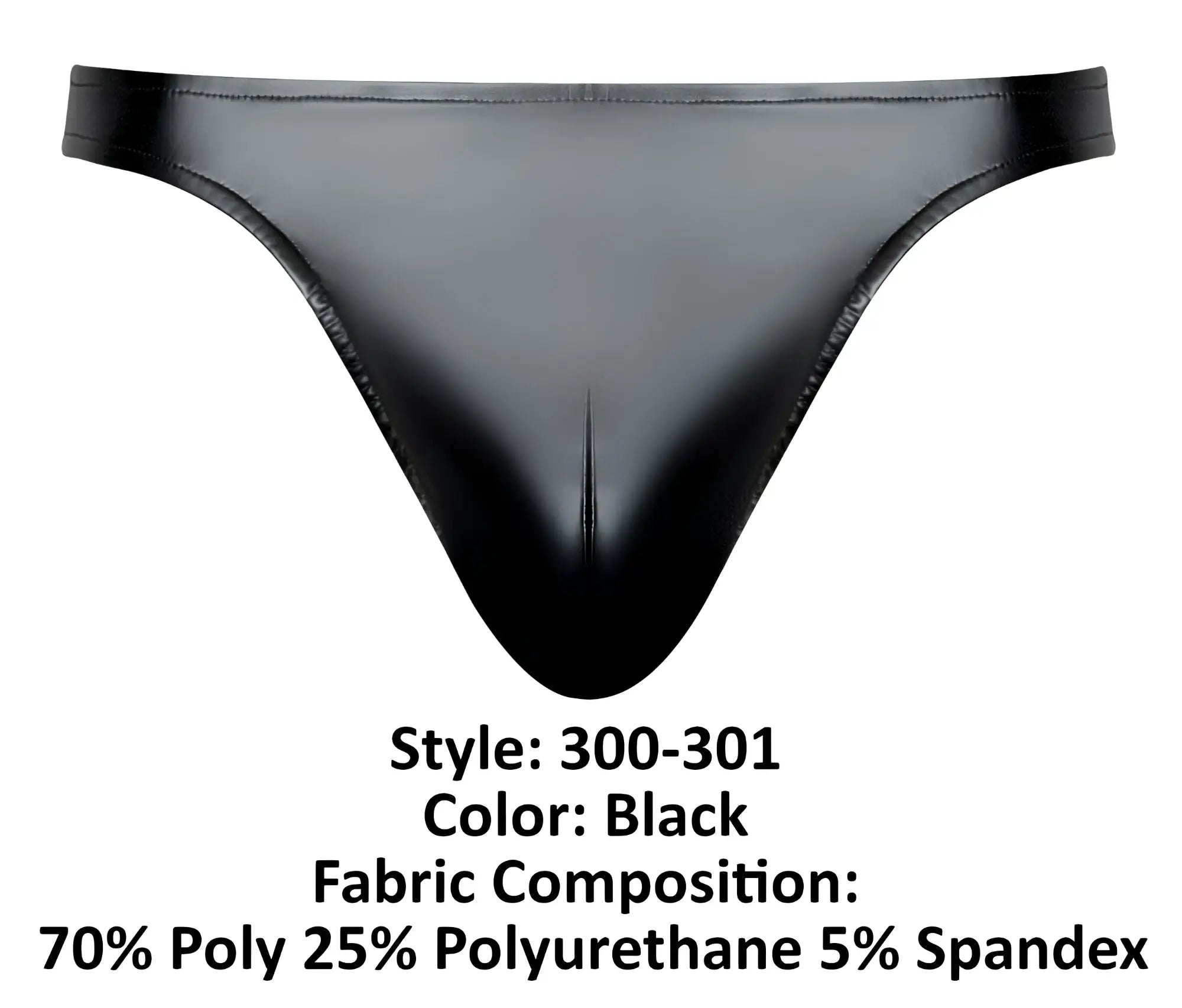 Male power 300-301 liquid onyx 2.0 black thong with glossy finish made from polyester polyurethane and spandex blend