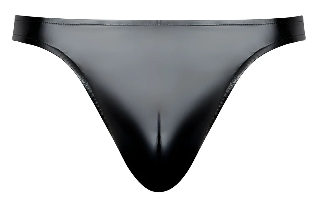Male power 300-301 liquid onyx 2.0 black glossy latex thong with sleek form-fitting design, front view