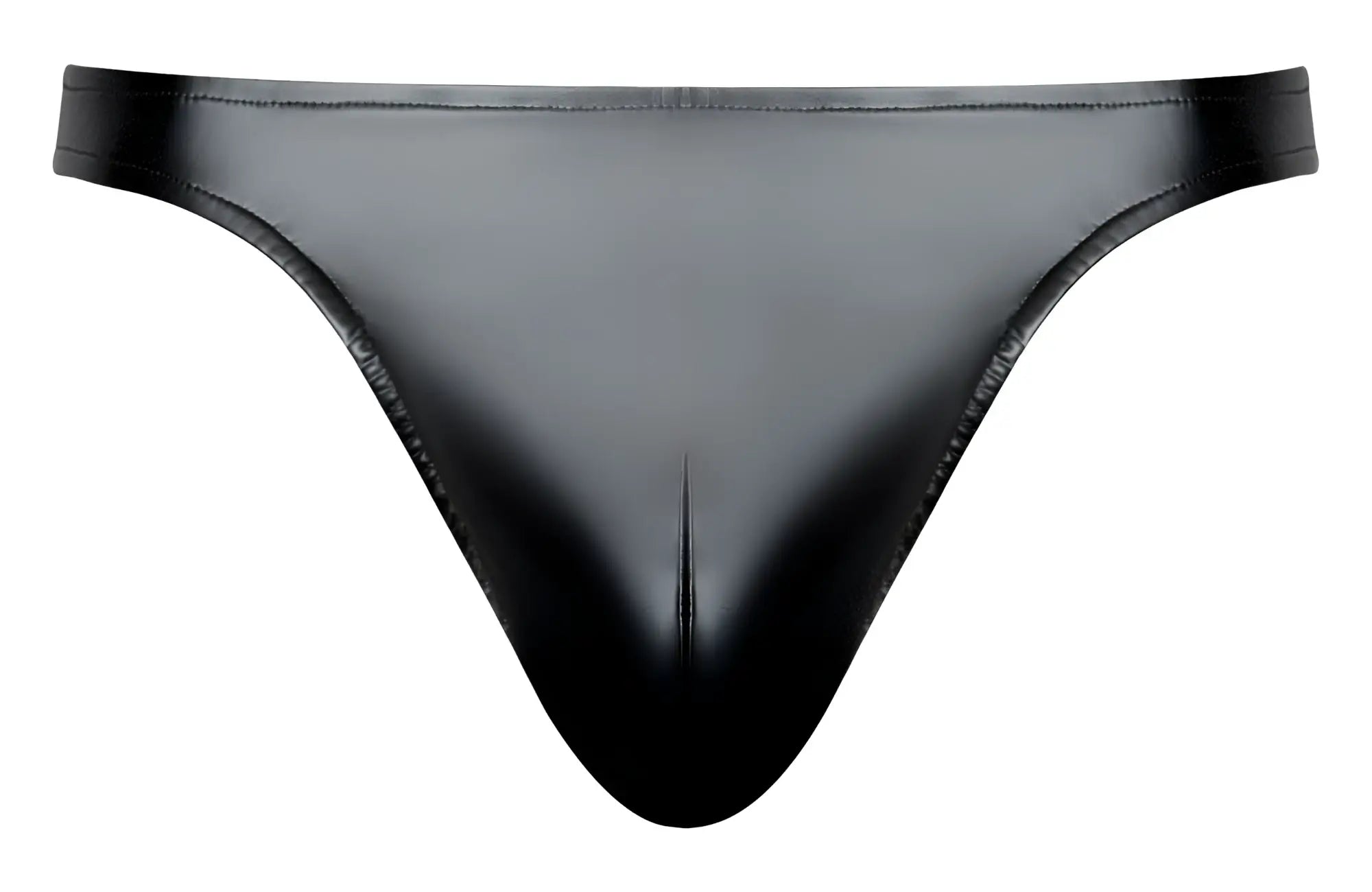 Male power 300-301 liquid onyx 2.0 black glossy latex thong with sleek form-fitting design, front view