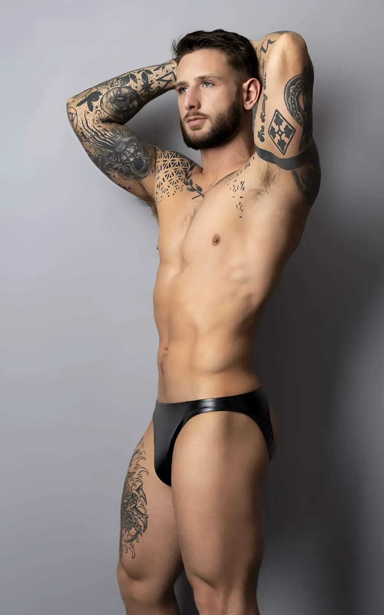 Black leather briefs from male power 300-301 liquid onyx 2.0 in moonshine color black shown from the back side