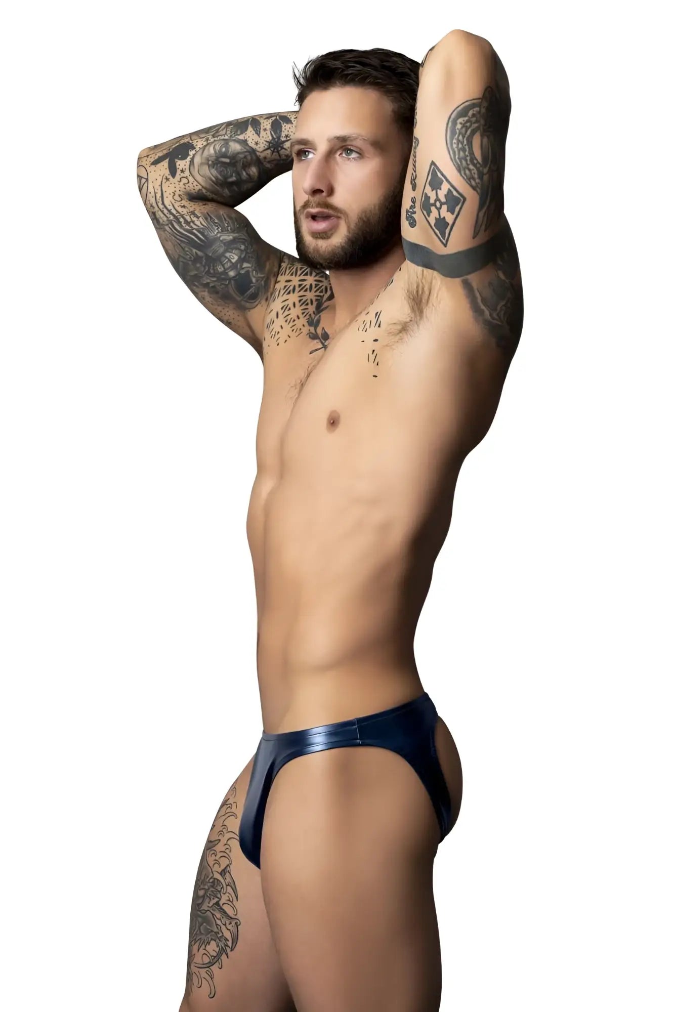 Male power 300-301 liquid onyx 2.0 moonshine color navy blue shiny latex briefs showing the front side