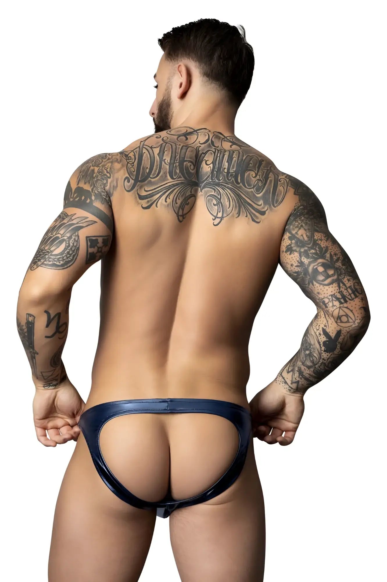 Navy blue latex thong with glossy finish and intricate back design from male power 300-301 liquid onyx 2.0 moonshine