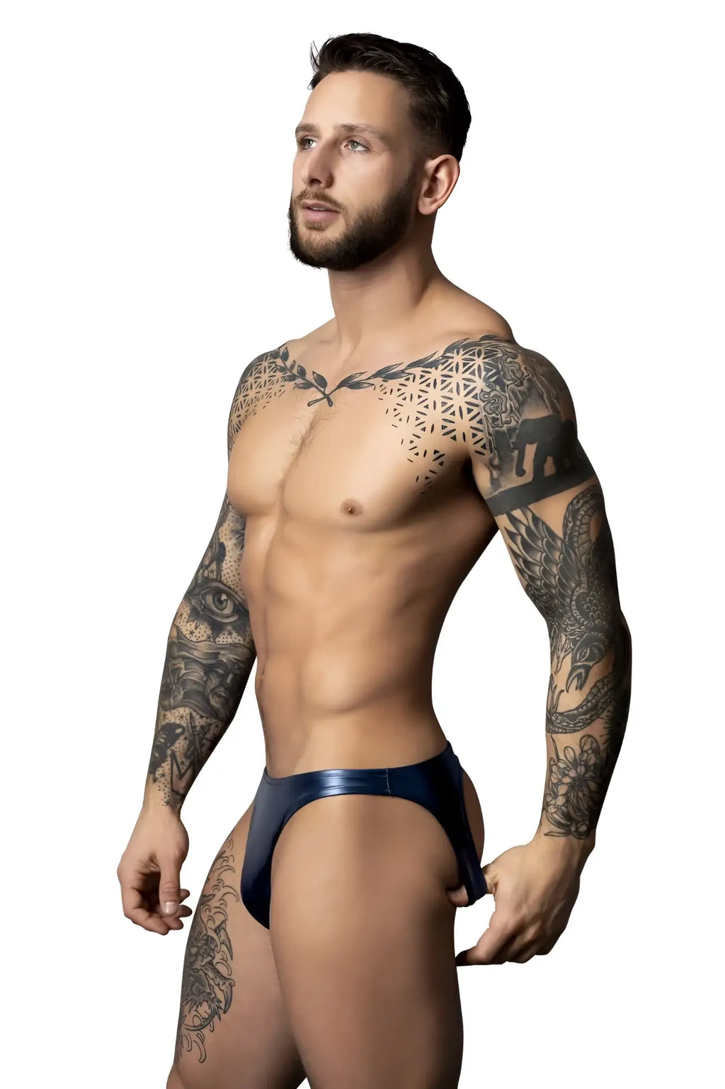 Male Power 300-301 liquid Onyx 2.0 moonshine navy blue shiny latex briefs for men front view
